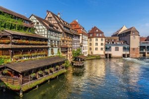 Typical half-timbered buildings and former water mills in the Petite France quarter in Strasbourg, France