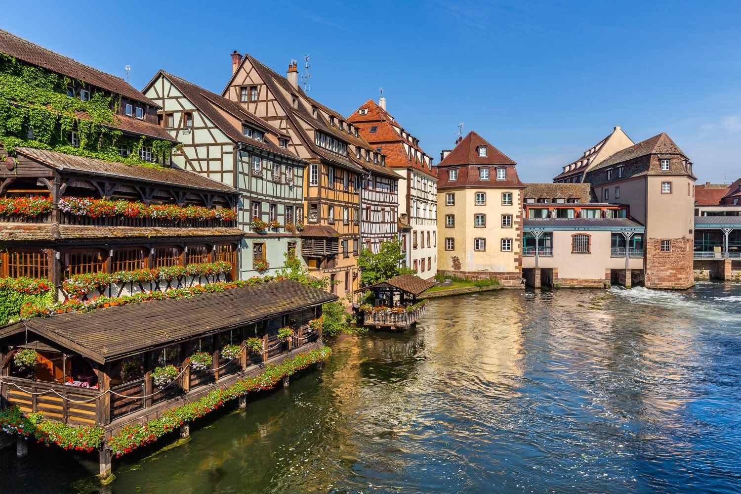 Typical half-timbered buildings and former water mills in the Petite France quarter in Strasbourg, France