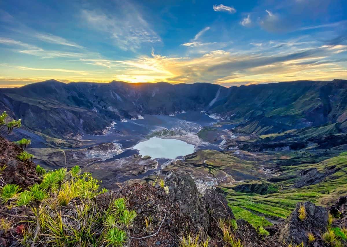 A breathtaking sight of the bowl-shaped crater of Tambora volcano in Indonesia during sunrise
