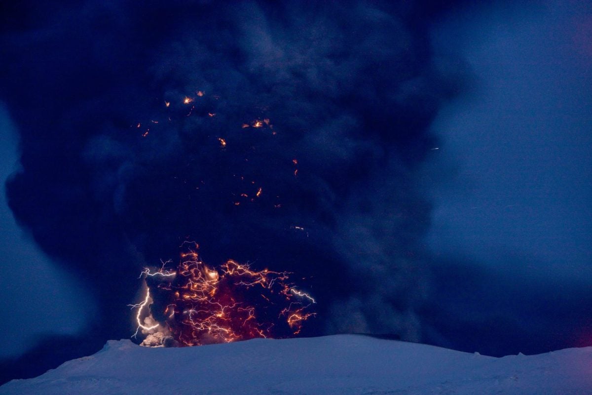 Eyjafjallajokull Volcano at Night, Lightning inside Ash Cloud, I