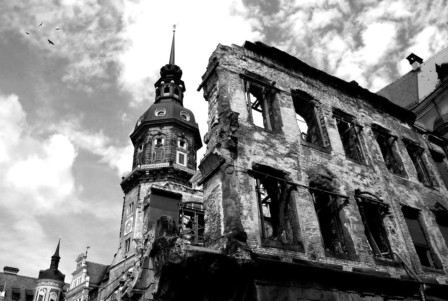 Building remains and ruins after World War II in Dresden, Germany.