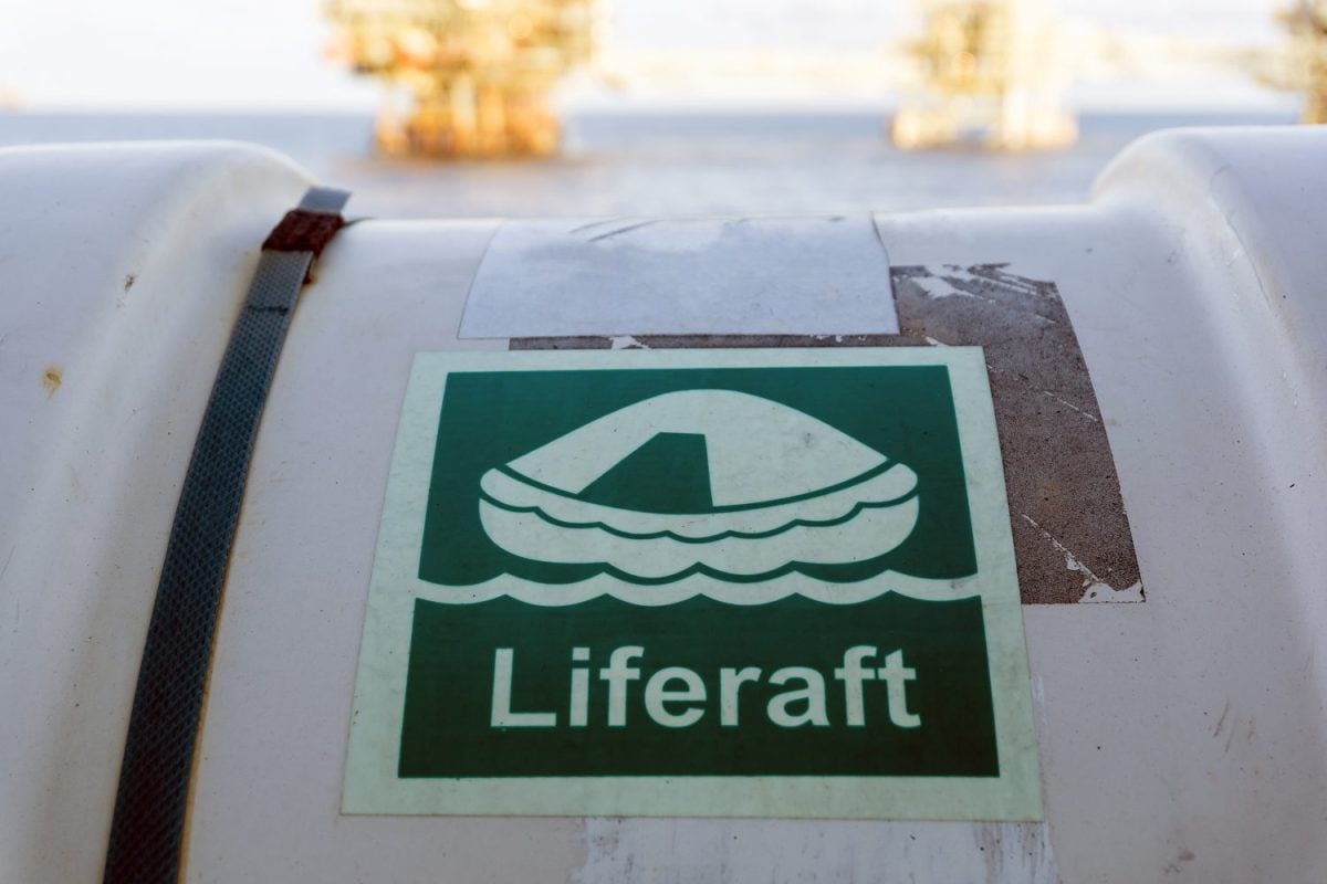 Life raft at a muster station of a construction barge at oilfield