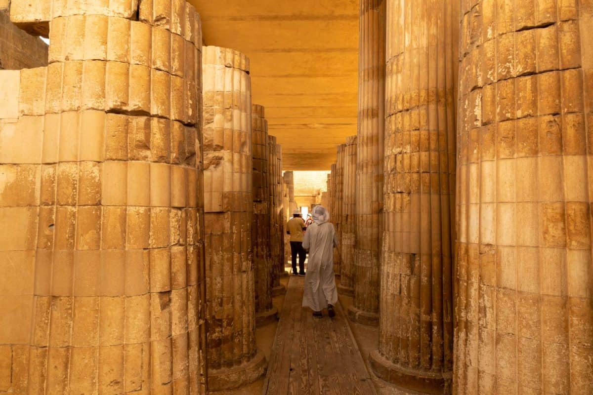 Roofed colonnade corridor leading into the Djoser's step pyramid in Saqqara Archeology site