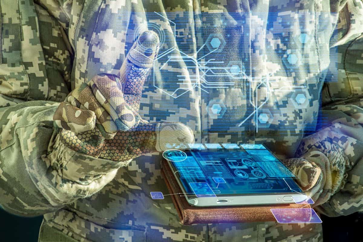 AI Command of the military forces on the tablet computer with augmented reality. Internet, Programming control with artificial intelligence, online coordination of the military team