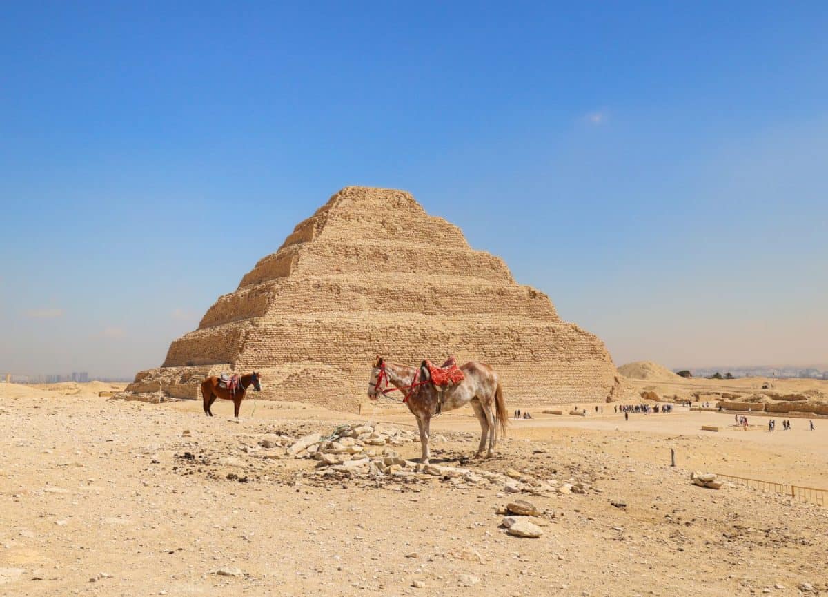Step Pyramid of Saqqara, the oldest surviving large stone building in the world, in Giza, Egypt. Pharaoh Djoser circa 2650 BC.