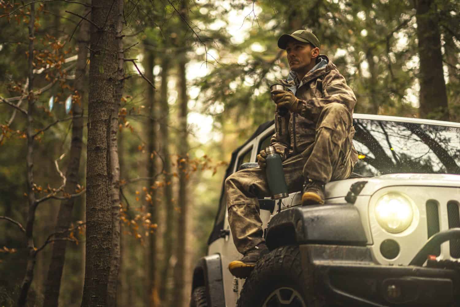 Caucasian Hunter During Hunting Season Taking Short Coffee Break