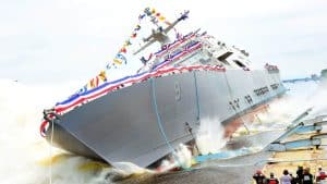 Marinette+Marine | PCU Little Rock (LCS 9) is launched into the Menominee River.