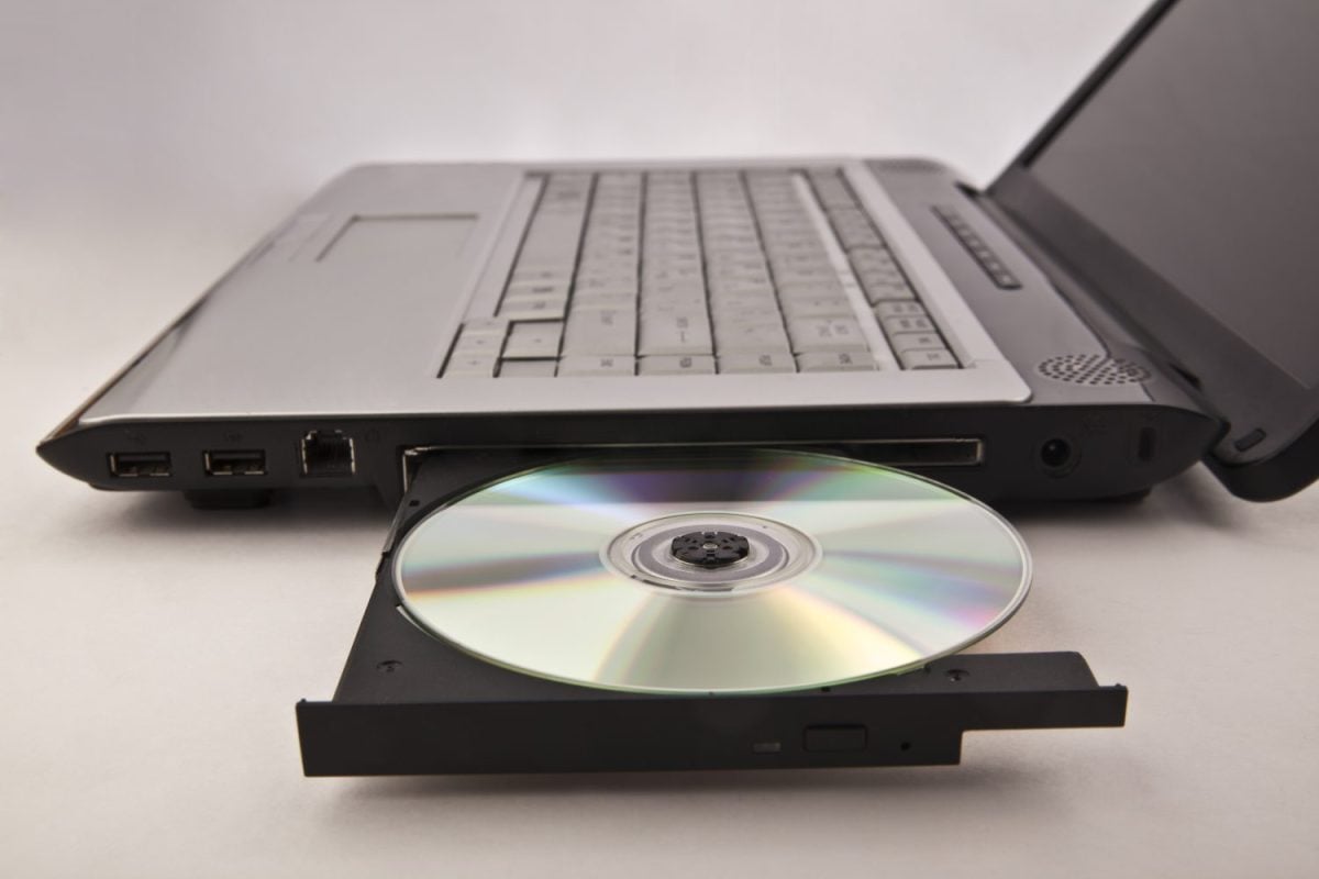 Closeup image of laptop with open DVDROM