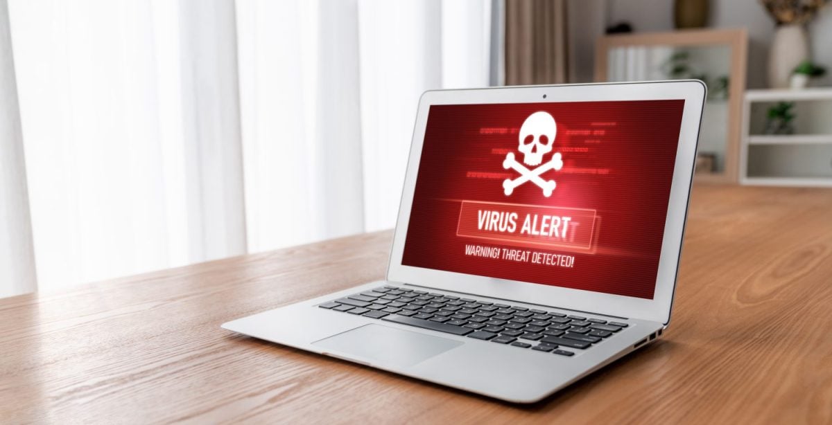 Virus warning alert on computer screen detected modish cyber threat , hacker, computer virus and malware