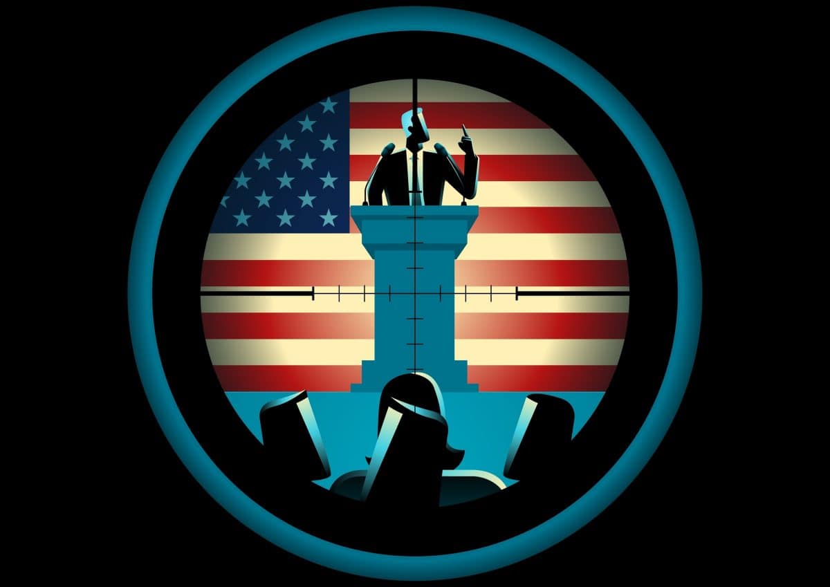 Sniper targeting a political leader speaking at a podium. Ideal for political commentary and news articles, conveys themes of danger, tension, and the volatile nature of political environments