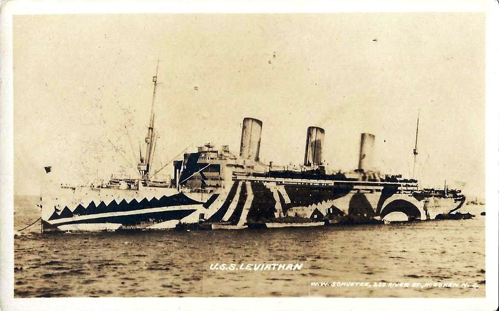 Vintage Postcard of the U.S.S. Leviathan Painted With A World War I 'Dazzle' Camouflage Pattern