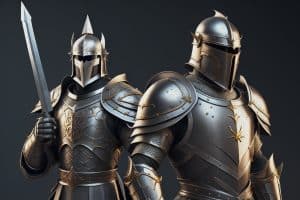 Knight in shining armor.Fantasy swordman. Middle age soldier with plated armor. Fantasy illustration