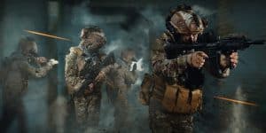 special forces soldier in battlefield . modern warfare.