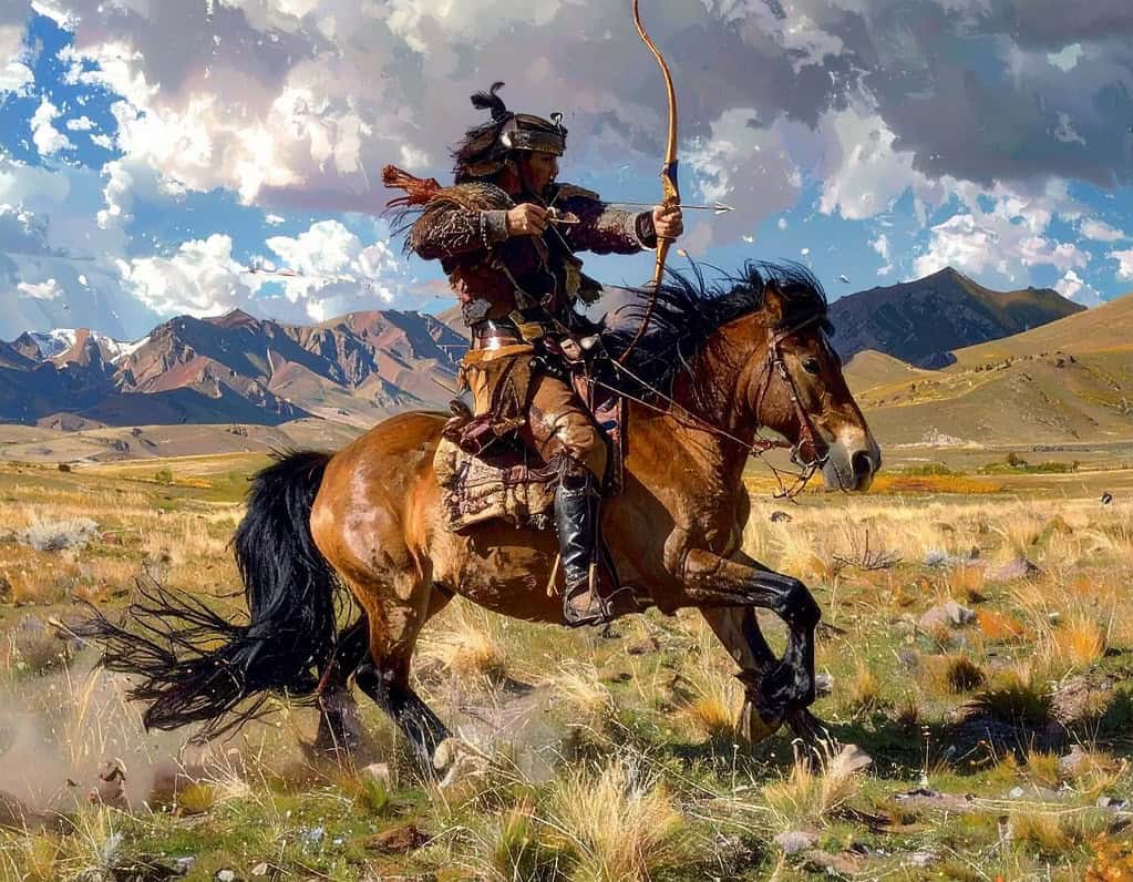 A Mongol warrior aiming an arrow with a bow on his dun-colored pony with black mane