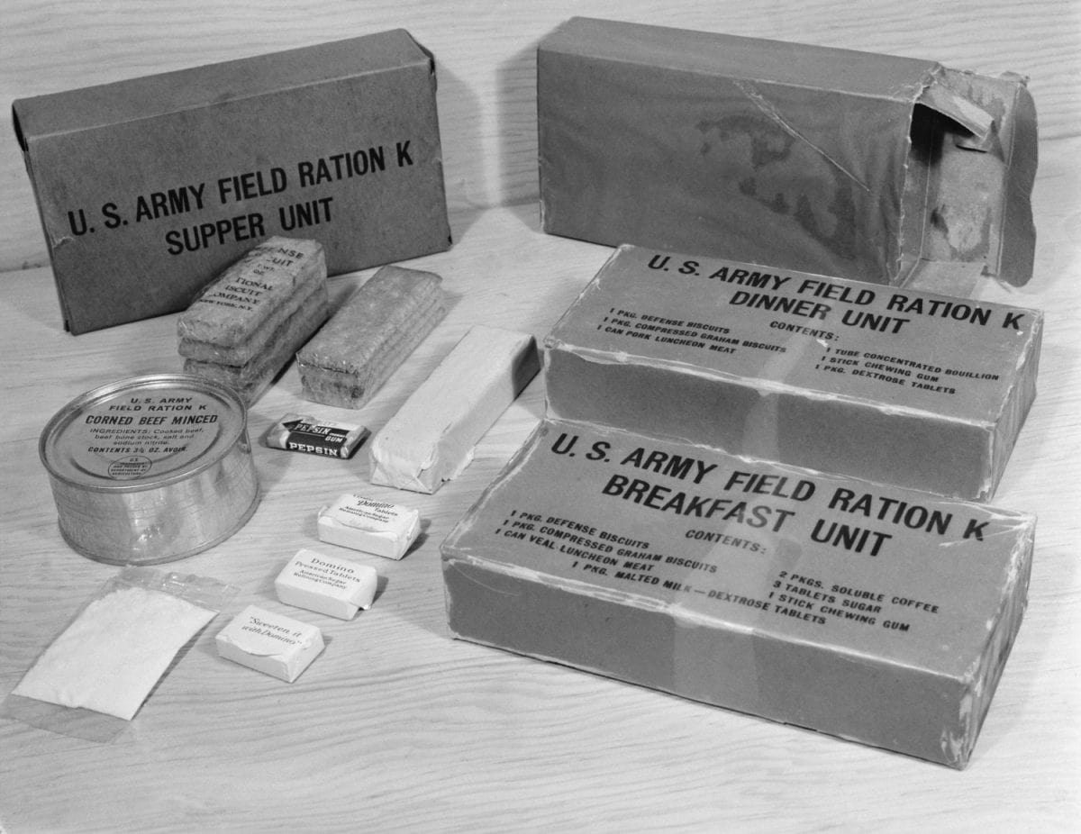 WW2 'K Rations' issued to U.S. soldiers in emergencies and continuous combat. The three meals, weighs only 2 pounds and contained 3,000 calories.