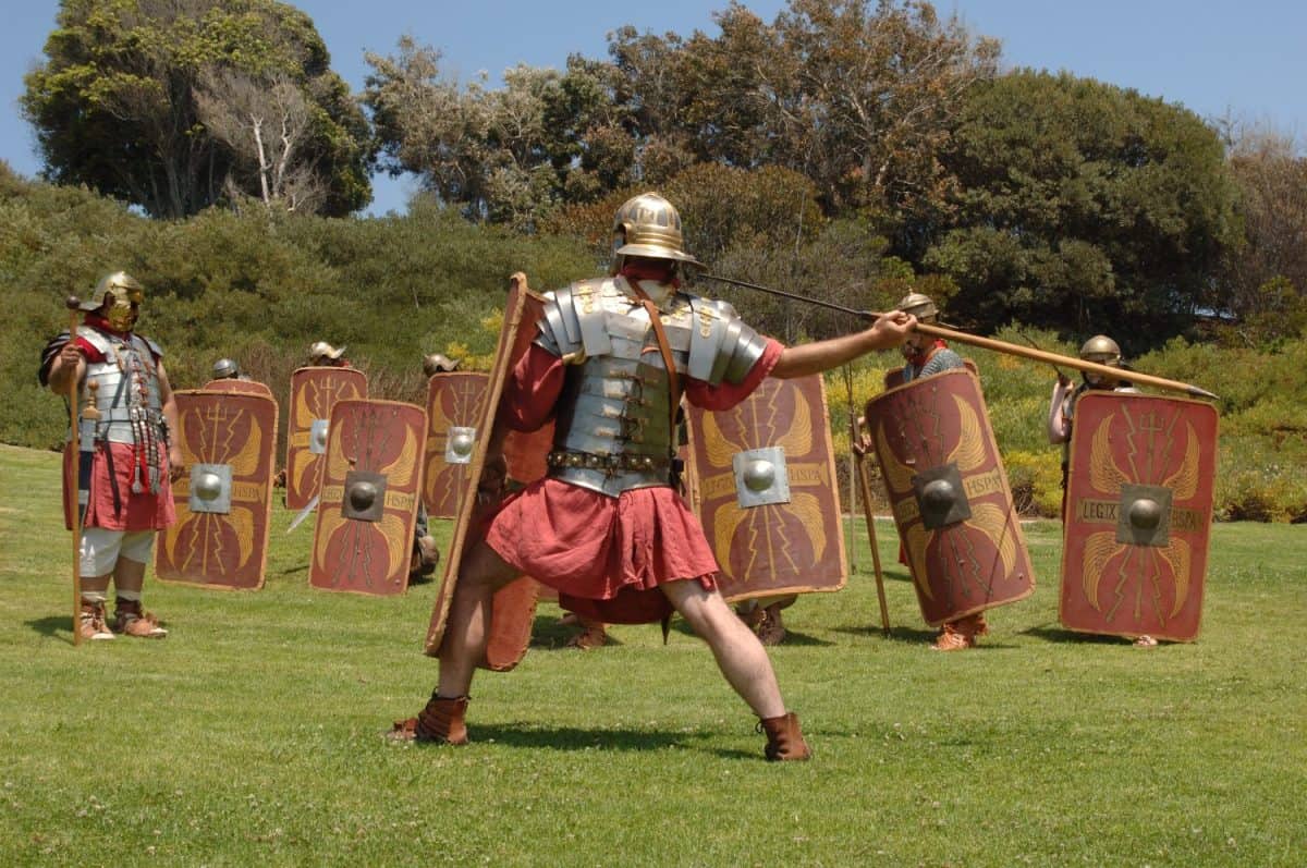 Roman soldiers practicing military skills