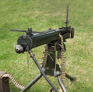 A Vintage Military Army Machine Gun with Ammunition.