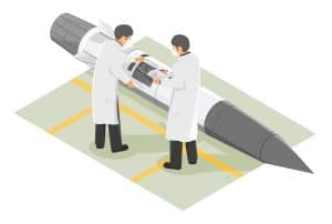 Engineers and scientists lab analyzing components and blueprints of a hypersonic missile for advanced military research and development isometric cartoon