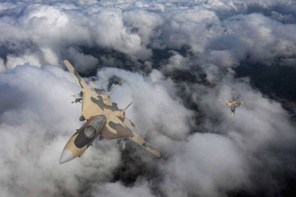 Islamic Republic of Iran Air Force Camouflaged F-14 Fighter Jets flying over clouds.