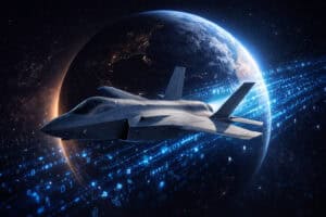 A sleek, dark gray stealth fighter jet flies through a starry space above a partially illuminated Earth. Glowing blue streams of binary code (zeros and ones) flow across the foreground and background, emanating from behind the Earth, suggesting digital communication or data. The Earth shows city lights on its dark side and swirling clouds on its sunlit side. The overall scene is dark and futuristic with bright blue technological accents.