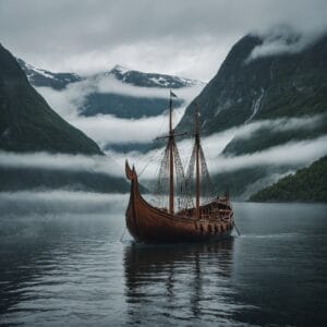 Viking Ship by a Misty Fjord: A wooden Viking ship docked by a fjord, surrounded by mist and tall mountains.