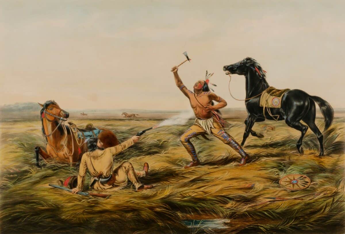 Historic painting of a Native American man with a tomahawk confronting a cowboy. Dramatic scene with horses and prairie setting. Conflict and action depicted. Vintage horse art illustration.