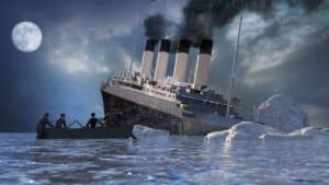 Digital recreation of the Titanic sinking with lifeboat in foreground